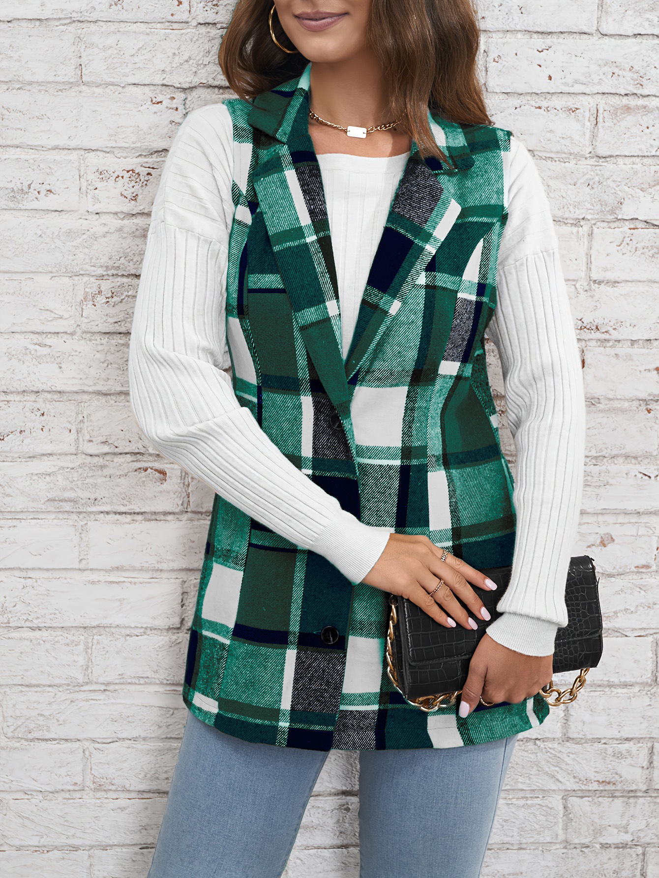 Fashion women‘s lapel suit vest plaid jacket