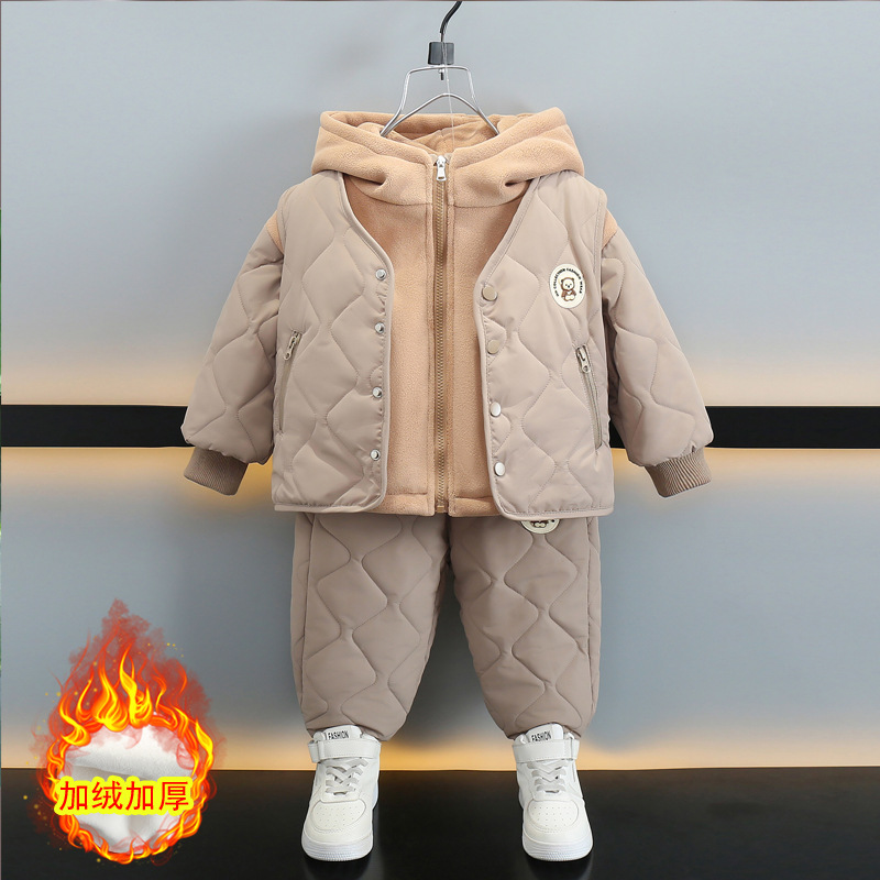 6753 Traje de chaleco para niños Ropa de otoño e invierno 2025 Nuevos niños más terciopelo engrosamiento Chaqueta de algodón de invierno coreana de tres piezas