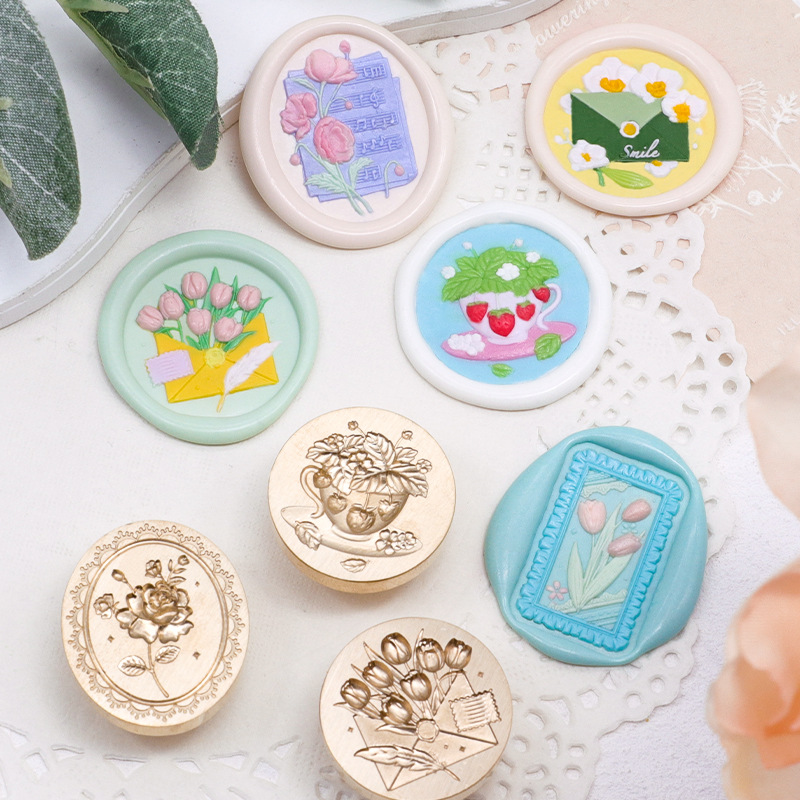 Engraved Wax Seal Art Series Square and Oval Stamp Head Lisianthus and Camellia Sealing Stamp for Envelope and Journal