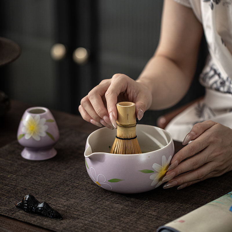 手绘小雏菊陶瓷抹茶套装宋代茶百戏打沫搅拌工具点茶碗茶筅立茶刷|undefined