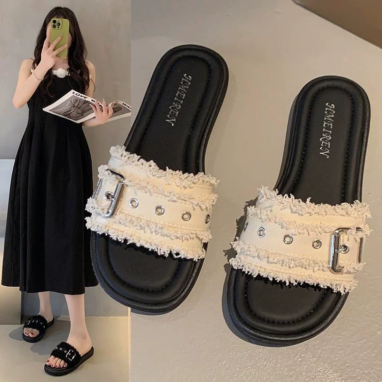 Французские стильные маленькие ароматные тапочки с камнями 2025, новые ретро повседневные плоские шлепанцы с подошвой для пляжа, сандалии для женщин для ношения на улице