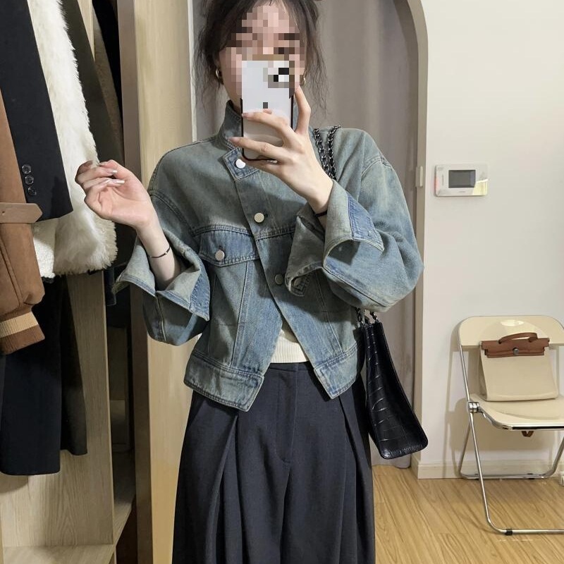 短款牛仔外套女春秋季百搭宽松小个子设计感小众盐系立领夹克上衣|undefined