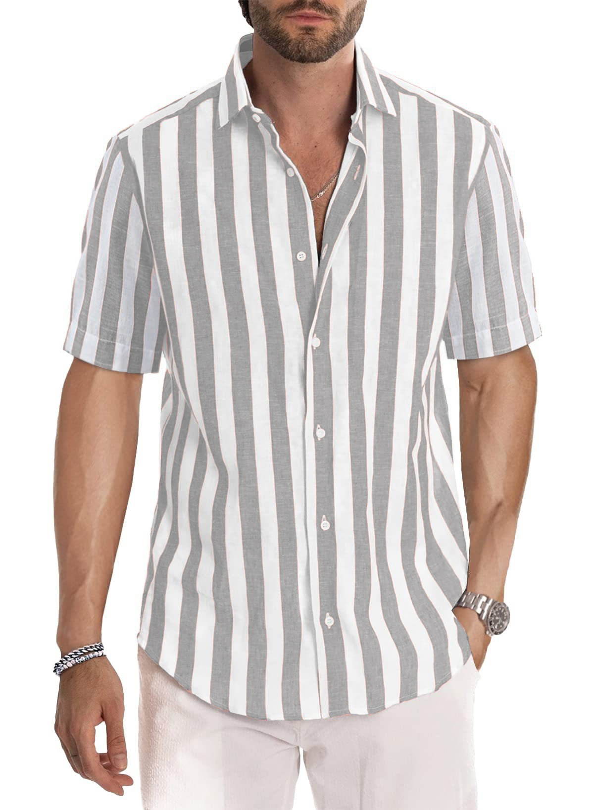 Herren Kurzarm Freizeithemd Im Streifendesign Für Den Sommer_voghion.com