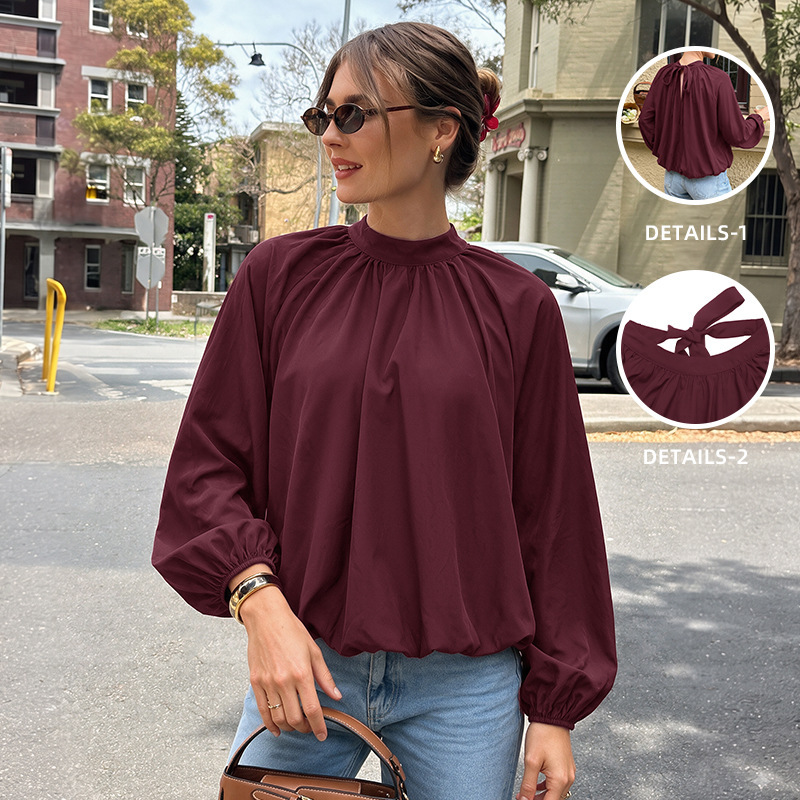 Amazon's autumn best-selling shirt is a solid color half-high collar tie-neck shirt with a tulip hem for women, popular in European and American cross-border markets