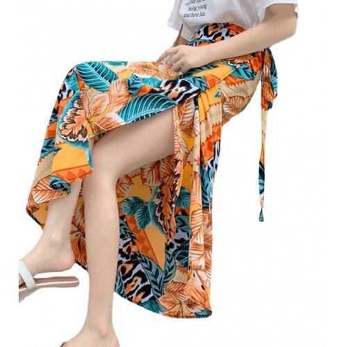 Summer floral half-length dress with new tie-dye chiffon one-piece wrap dress for vacation, sun protection, beach dress, slenderizing