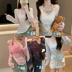 スターグラフィティ長袖日焼け止め服ワンショルダースリム長袖Tシャツレディース微透けプリント日焼け止めブラウストップ