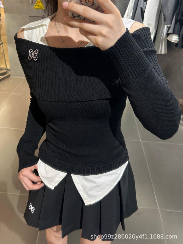 南油品质25SS秋季新款假两件拼接衬衫领一字肩针织衫上衣女|undefined