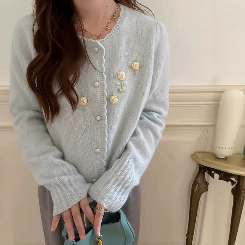 Женский мягкий вощеный свитер-кардиган KANING с цветочным стерео принтом, осень 2025, новый, милый, с круглым вырезом