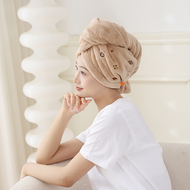 女性用のかわいい刺繍入りヘアドライキャップ、吸水性、速乾性、ヘアドライタオル、厚みのあるコーラルベルベットの漫画ターバン、シャワーキャップ|undefined