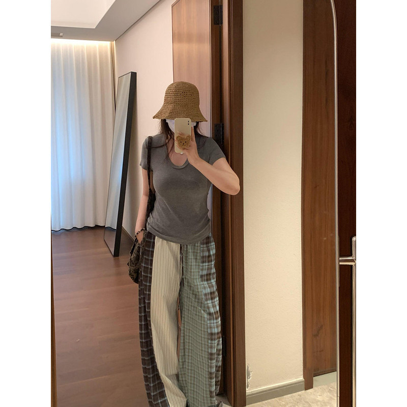 Korean-Style High-End Patchwork Plaid Straight-Leg Niche Sleep Pants for Women, 2026 Summer New Loose-Fitting Slimming Home Long Pants Korean-Style High-End Patchwork Plaid Straight-Leg Niche Sleep Pants for Women, 2026 Summer New Loose-Fitting Slimming Home Long Pants