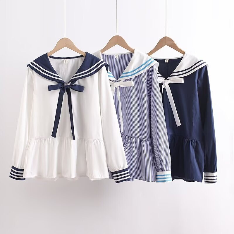 Spring Clothing Japanese Style Navy Collar Bow Tie Loose Women's Pullover Long-Sleeve Shirt Wholesale Spring Clothing Japanese Style Navy Collar Bow Tie Loose Women's Pullover Long-Sleeve Shirt Wholesale