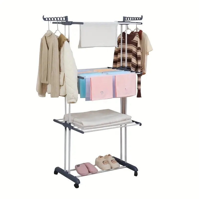 Transfronterizo plegable toalla rack rack de almacenamiento rack de secado móvil rack de secado telescópico rack de secado de doble barra rack al por mayor