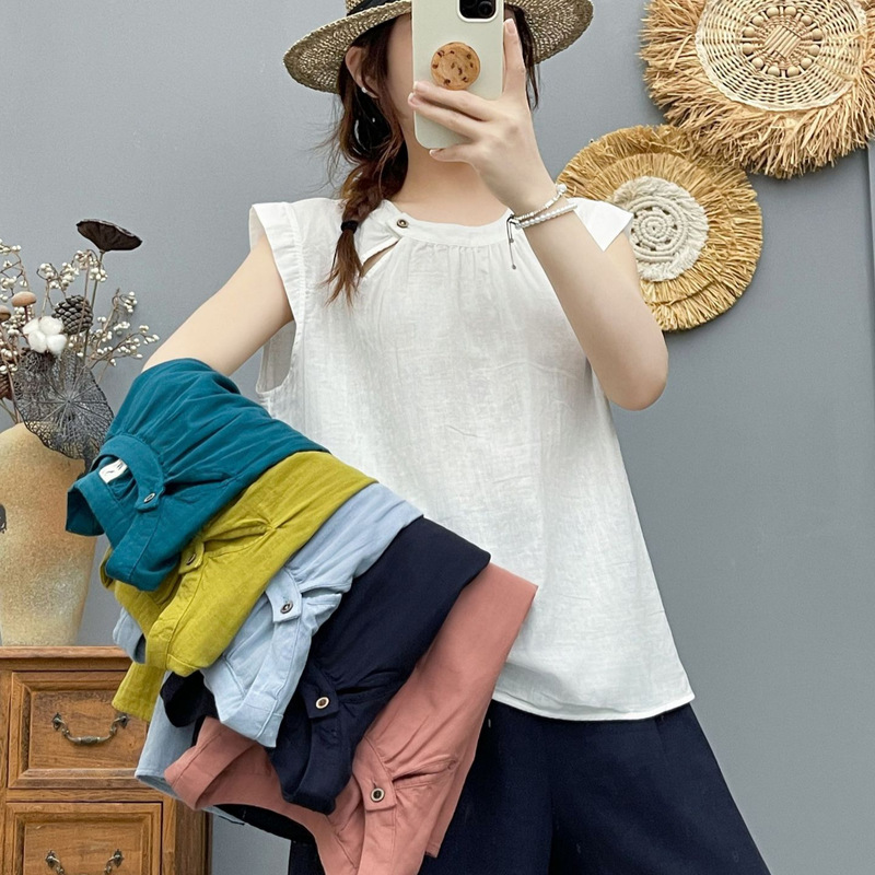 Elegant design double-layer cotton gauze pullover blouse with flutter sleeves, women's new summer casual shirt top, wholesale Elegant design double-layer cotton gauze pullover blouse with flutter sleeves, women's new summer casual shirt top, wholesale