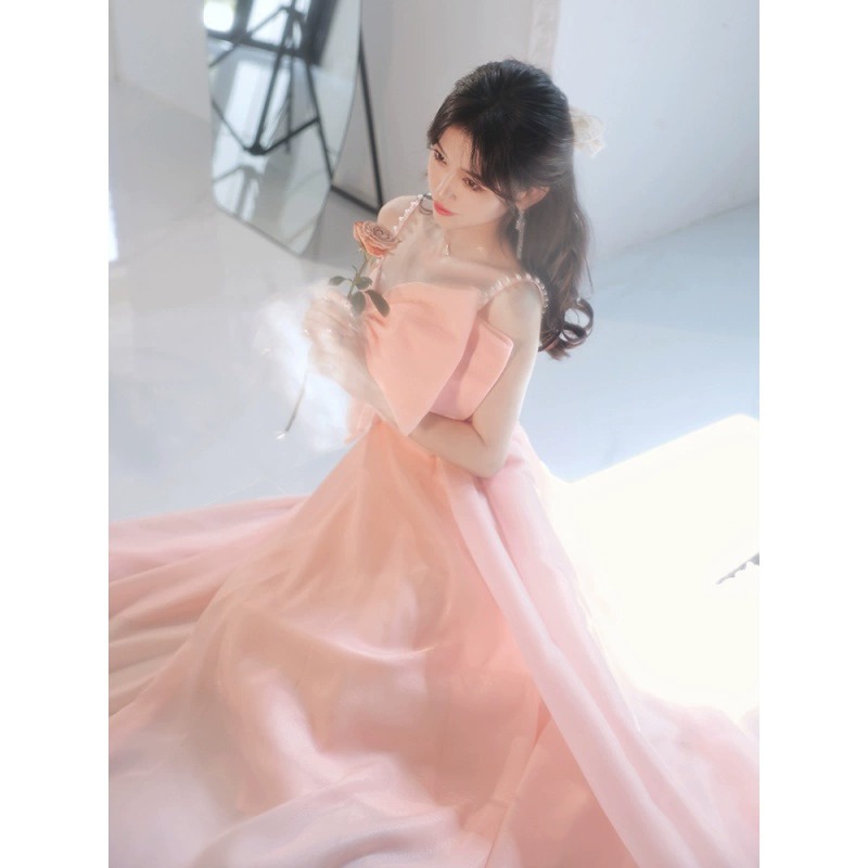 Đầm maxi nữ thắt eo dáng công chúa không dây, phong cách dạ hội thanh lịch — Màu hồng