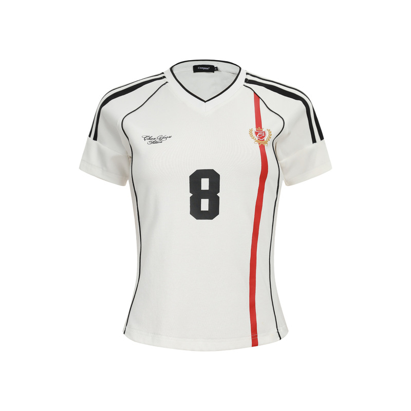 2025 Summer American Retro Jersey Short-Sleeved T-Shirt Women's Jersey Trend Brand Stripesd V-Neck Sports Sexy Top