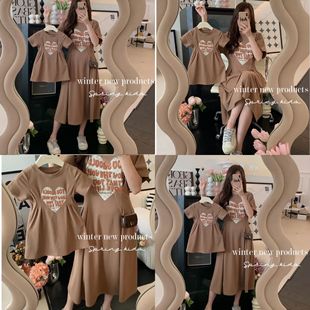 Parent-child summer clothing Korean casual love English mother children's clothing waist mother and women's dress Korean fashion style skirt