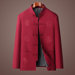 高齢者向け春秋唐装メンズジャケット、中高年のお父さん向け、中国風刺繍入りおじいちゃん服