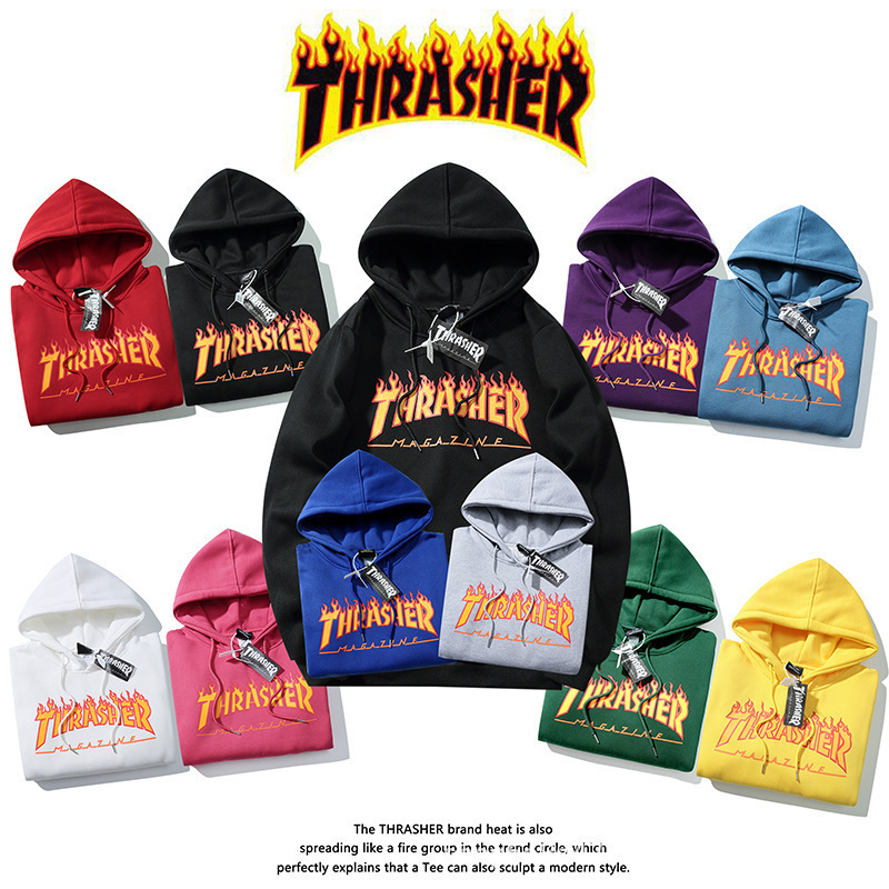 Autumn and Winter Flame Fashion Brand Cotton Pullover Sweater THRASHER Printed Street plus size Men's Top Hoodie Men