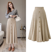 跨境半身中长裙女新款宽松大码单排扣A字大摆坑条高腰针织百褶裙