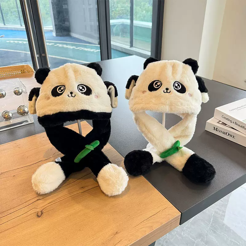 儿童帽子围巾一体帽冬天新款宝宝熊猫帽连体帽保暖防寒护耳帽冬季