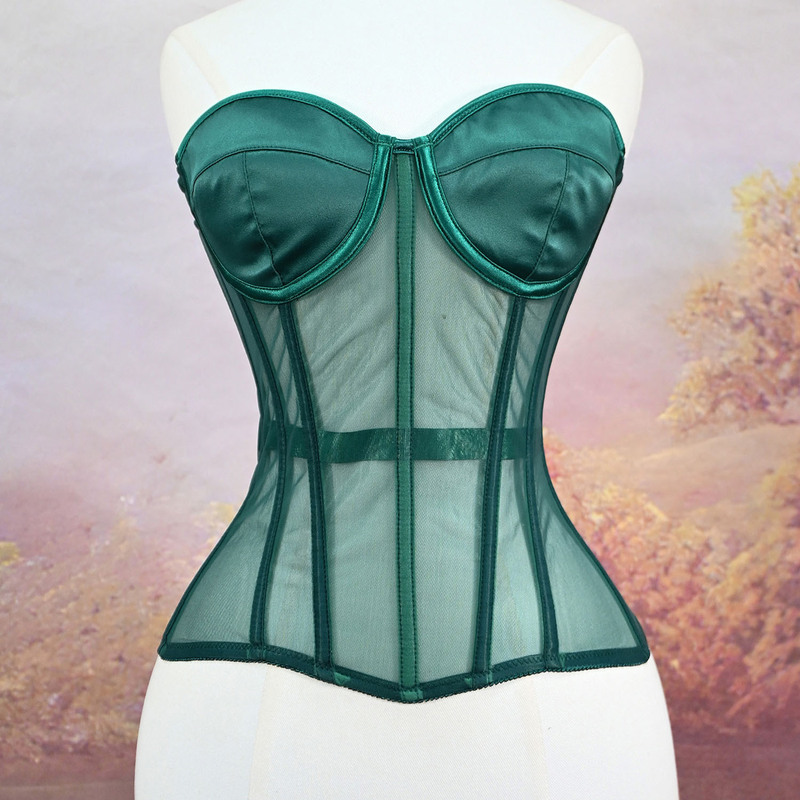 Dark Green Fishbone Corset with Mesh See-Through Bustier, Waist-Cinching and Slimming Effect