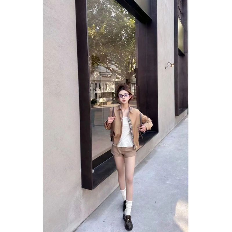 网红韩系卡其色格子拼接夹克风衣女秋新款外套雪尼尔氨纶方领无袖|undefined