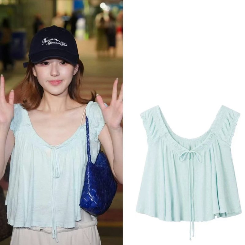 Zhao Lusi's Same Style Pleated Neckline Tie Design Light Blue T-Shirt for Women, New Summer Sweet U-Neck Lace Top