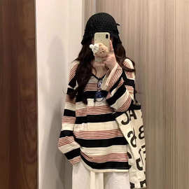 美式复古正肩V领条纹长袖t恤女春秋内搭打底衫外穿宽松显瘦上衣服