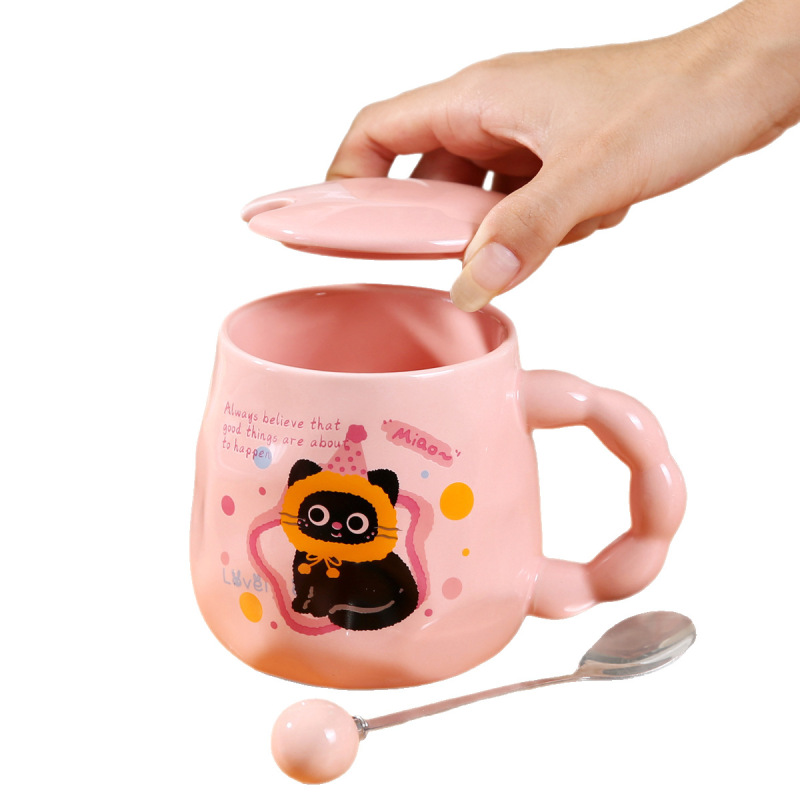 かわいい漫画マグカップクリエイティブ陶磁器カップ蓋付きスプーンコーヒーカップ男女友達にプレゼント実用的なお土産|undefined