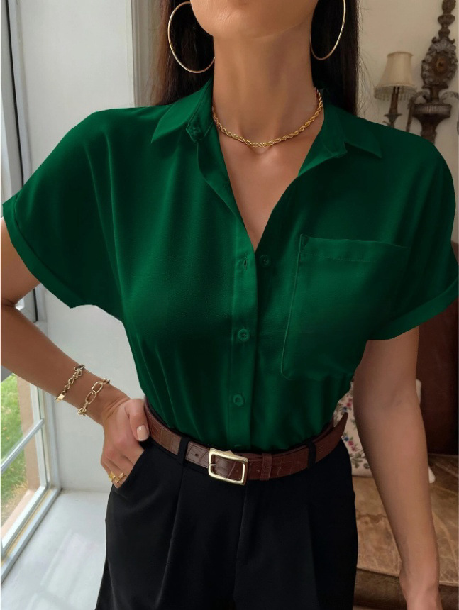 Camisa satinada con cuello en v para mujer, europea y americana, ropa de mujer transfronteriza, satén de color sólido de manga corta, nueva camisa satinada con botones casuales