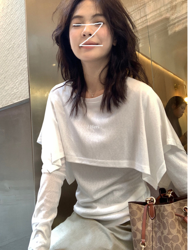 2025早秋新款披肩领假两件长袖白色T恤女休闲时尚洋气百搭上衣潮|undefined