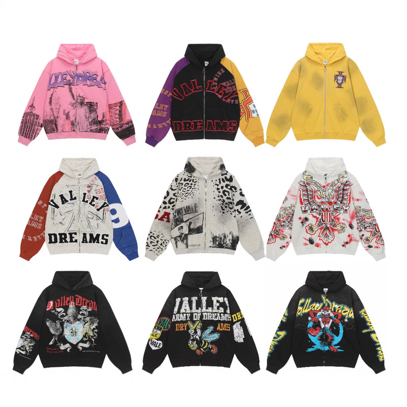 Cross-Border Fashion Vale New Street Hip-Hop American-Style Washed Retro Pure Cotton Sweatshirt Printed Trendy Jacket Cross-Border Fashion Vale New Street Hip-Hop American-Style Washed Retro Pure Cotton Sweatshirt Printed Trendy Jacket