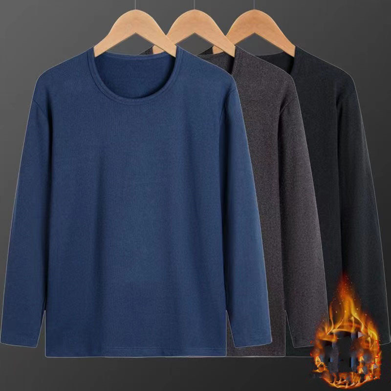Spring and Autum Men's Pure Color Warm Tops, Plush Bottoming Shirts, German Velvet Round Neck, High Elastic Long-Sleeved Clothes for Young and Middle-Aged People