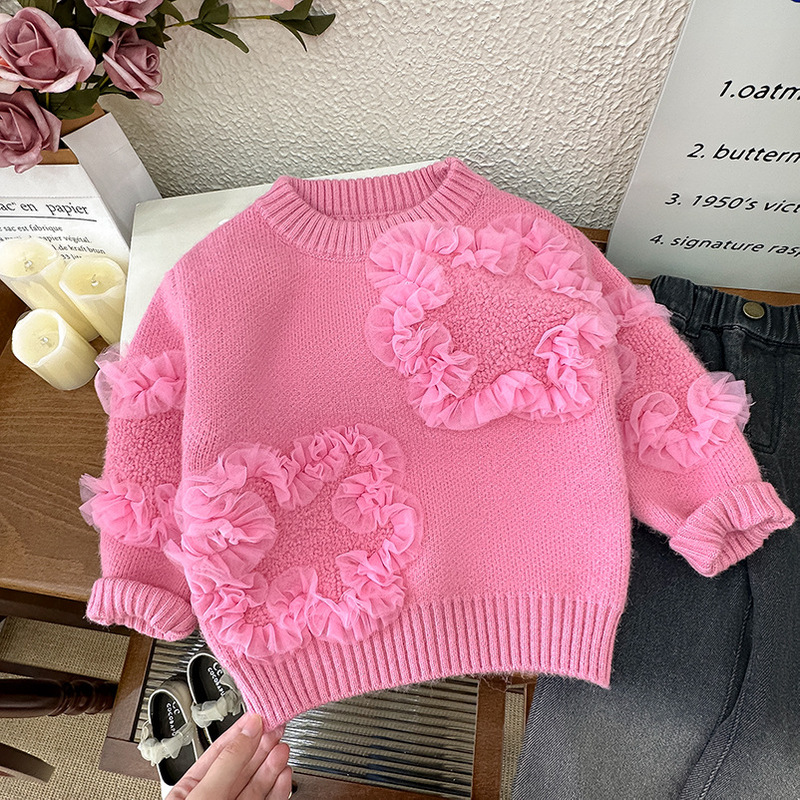 女童毛衣2025秋款韩系立体花朵针织衫儿童上衣套头衫时髦两件套潮|undefined