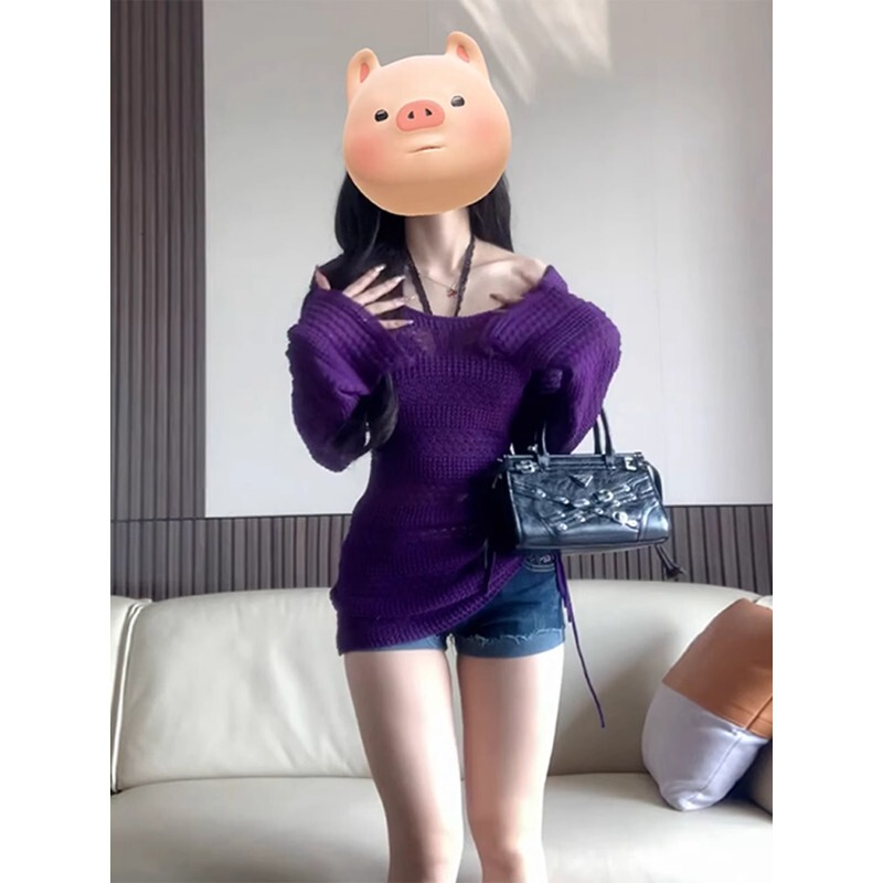 紫のラッパの長袖の透かしのエアコンのニットのブラウスの女性の夏の純欲のギャルの外は薄い肩の日焼け止めの上着を掛けます。|undefined