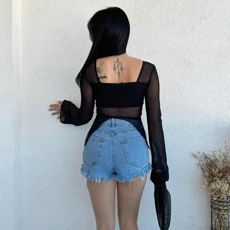 Women Autumn Winter Sexy Cropped Mesh Lace up Drawstring Short Long Sleeve Backless Top