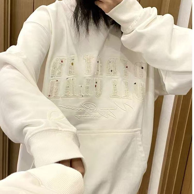 加绒白色连帽卫衣女2025秋冬宽松美式慵懒风chic早秋国潮设计外套|undefined