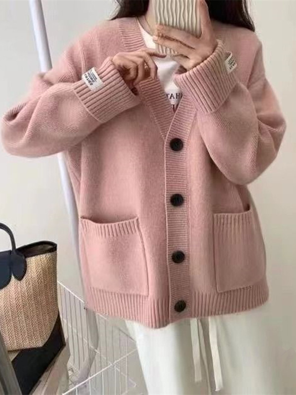 韩范慵懒风毛衣女装早秋冬上衣新款宽松显瘦百搭v领针织开衫外套|undefined
