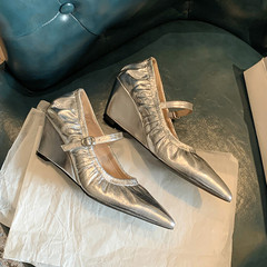 羊皮坡跟瑪麗珍鞋女淺口單鞋秋季新品金銀色尖頭一字帶高跟鞋女鞋