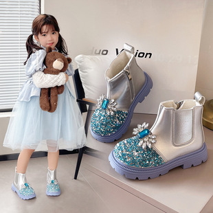 Girls Ankle Boots Crystal Princess Shoes 2024 New Autumn and Winter Soft Bottom Rhinestone Bow Fashion Soft Bottom