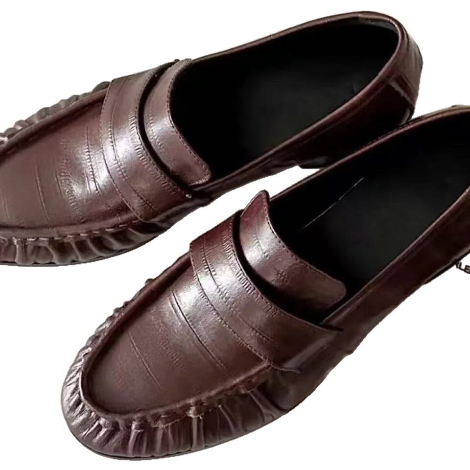 Giày lười nữ da cá chình thật thủ công phong cách retro nhăn, đế dày gót 3-5 cm — Màu nâu, màu đen