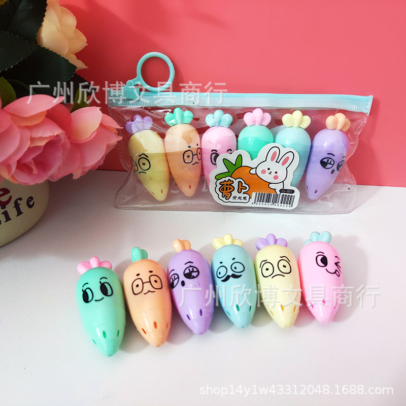 Exaltador de modelado de dibujos animados múltiples, 6 bolsas, diagonales, notas, puntos clave, estudiantes de primaria, marcadores, graffiti