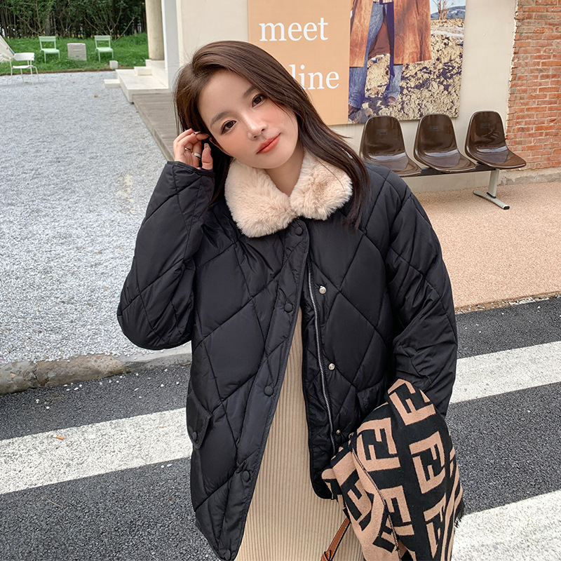2025羊羔毛领棉衣女轻薄菱格棉服女秋冬新款韩版拼接休闲棉袄外套|undefined