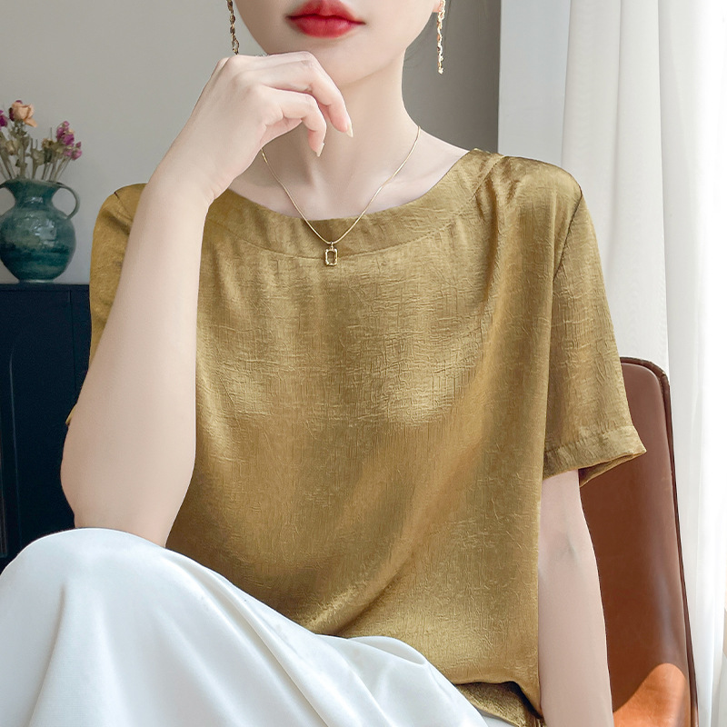 短袖t恤女装夏高级感大码胖M减龄遮肚子醋酸缎面正肩真丝小衫上衣|undefined