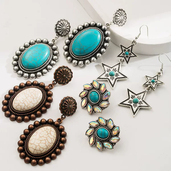Cross-border Amazon Turquoise Earrings New Alloy Retro Geometric Bohemian Ethnic Style Retro Earrings for Women