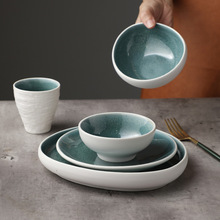 創意日韓式陶瓷餐具套裝窯釉變墨綠陶瓷飯碗湯盤碟子餐廳酒店台面