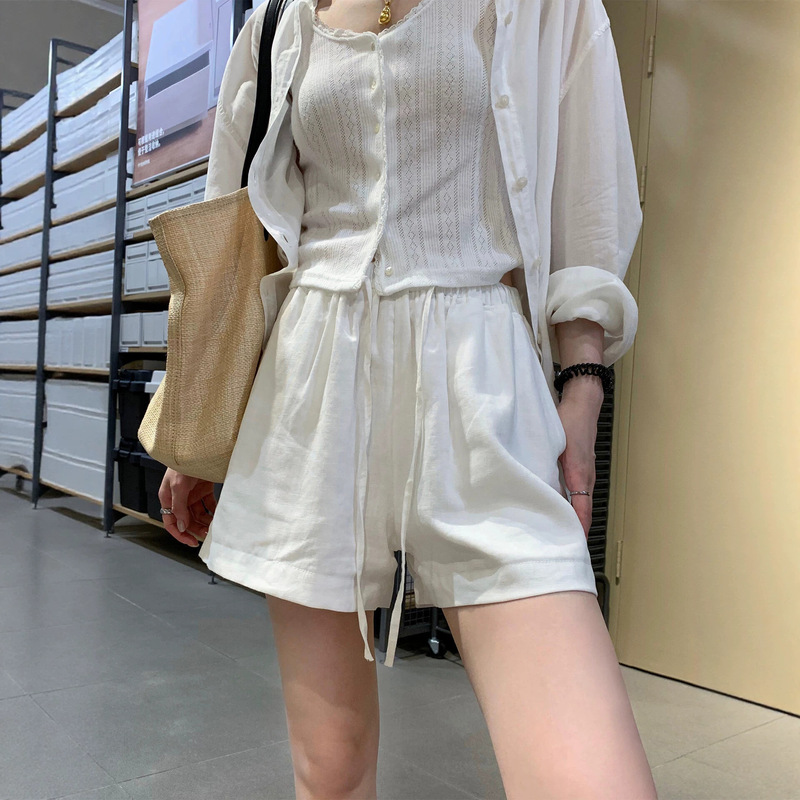 Cotton Wide-Leg Shorts for Women, Summer Thin Style, Elastic Waist with Drawstring, Petite A-Line Five-Point Pants, Loose Casual Shorts for Women