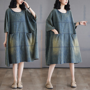 Vintage Washed Old Stitching Denim dress Women's chubby girl Loose plus size Flesh Covering Slimming Elegant Large Dress