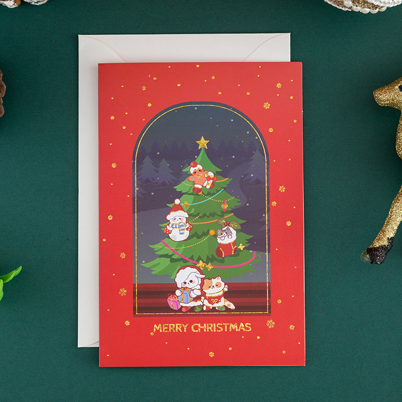 En stock Nuevo Dorado Tarjeta de felicitación de Navidad dibujos animados vacaciones Nochebuena Tarjeta de Navidad bendición deseo Tarjeta de mensaje