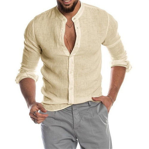 Men's solid color linen stand-up collar open jacket long sleeve loose men's shirt